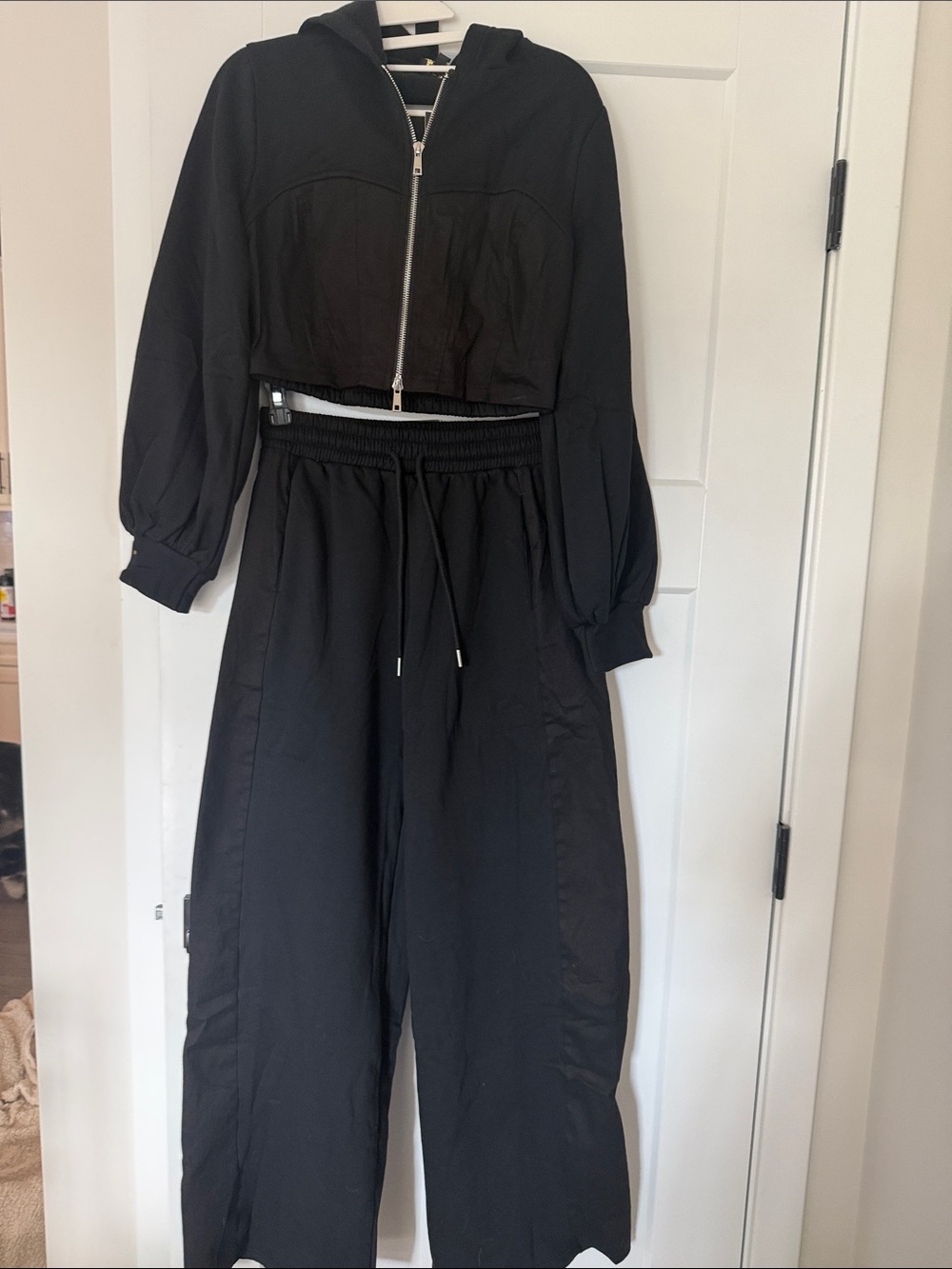 Women's Black Wide-Leg Pants & Cropped Hooded Jacket Set